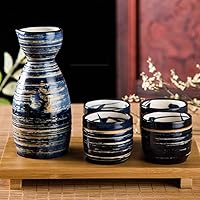 CoreLife Sake Set, Traditional 5-Piece Porcelain Ceramic Japanese Sake Set Japan Pottery with 1 8oz Bottle and 4 2oz Cups - Blue