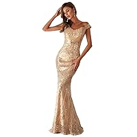 Fall Dresses for Women 2023 Zip Back Mermaid Hem Bardot Sequin Prom Dress Dresses for Women (Color : Gold, Size : Large)