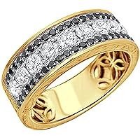 14K Gold Plated 925 Sterling Silver Round Cut Created Black & White Diamond Half Eternity Wedding Band Ring For Men's