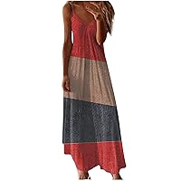 Women's Sexy Maxi Long Dresses Casual Spaghetti Strap Plus Size Swing Sundress Color Block Sling Sundress Beach Dress