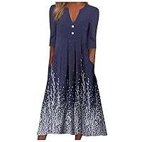 Women's Sun Dresses Summer Casual Fashion V-Neck Mid Sleeve Print Button Loose Dress One Shoulder, S-5XL