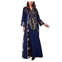 Womens Muslim Abaya Dress Vintage Floral Flowy Long Sleeve Dresses Islamic V Neck Full Length Kaftan Daily Casual Dress