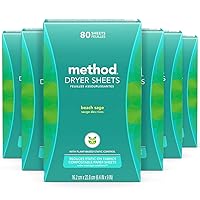Method Dryer Sheets, Beach Sage, Fabric Softener and Static Reducer, Compostable and Plant-Based Laundry Essentials, 80 Count (Pack of 6)