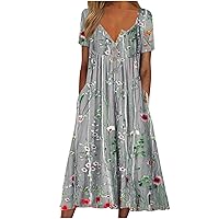 Long Summer Dress for Women Plus Size Casual Floral Print Button Down Maxi Dresses Empire Waist Hide Belly Boho Dress