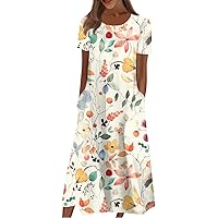 Summer Dresses for Women 2024 Short Sleeve High Waist Floral Pockets Sun Dress Plus Size Dresses for Curvy Women