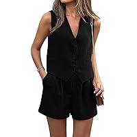 PRETTYGARDEN Women Summer 2 Piece Outfits V Neck Sleeveless Button Down Vest Shorts Sets Business Work Matching Set 2024