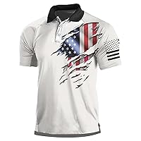 Men's 4th of July USA Flag Print Distressed Henley Shirts Button Collar Short Sleeve Polo Shirt Ligthweight Casual Tee