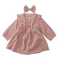 Toddler Baby Kids Girls Solid Color Long Sleeve Ruffle Botton Dress Dress with Infant Girl Clothes