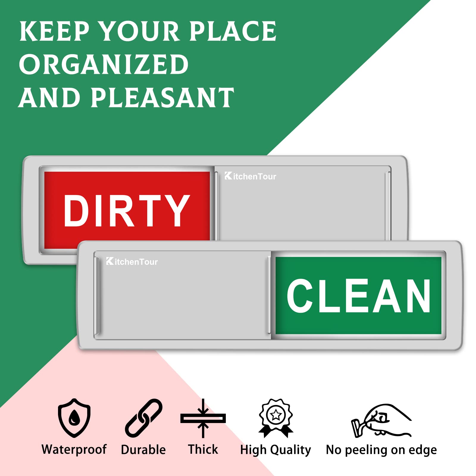 KitchenTour Clean Dirty Magnet for Dishwasher Upgrade Super Strong Magnet - Easy to Read Non-Scratch Magnetic Silver Indicator Sign with Clear, Bold & Colored Text Silver