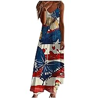 4th of July Summer Long Dress Women American Flag Patriotic Maxi Dresses Stars Stripes Sleeveless V Neck Cami Dress