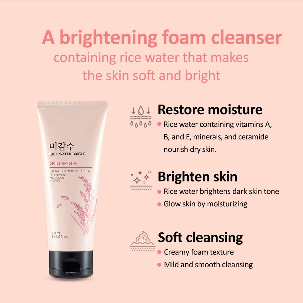 The Face Shop Rice Water Bright Light Face Cleansing Foam & 3 Piece Set | Refreshing Face Wash for All Skin Type | Double Cleanse Set | Makeup & Dead Skin Removal, Hydrating & Brightening