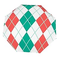 Folding Umbrellas for Rain Windproof, Geometric Plaid Coral Pink Teal Lightweight Inverted Foldable Travel Umbrella