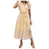 Petite Dresses for Women,Women Bohemian Casual V Neck Ruffle Cap Belt A Line Pleated Hem Sun Dress Lady's Dres