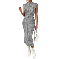 Women's Dress Houndstooth Print Mock Neck Sleeveless Bodycon Dress Summer Dress (Color : Black and White, Size : Large)