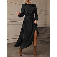 Women's Dress Draped Collar Bishop Sleeve Dress Summer Dress (Color : Black, Size : Large)