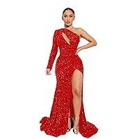 Long Sleeves Sequin Prom Dresses for Women with Slit Mermaid Pleated V Neck Formal Evening Dress 2023 DE31
