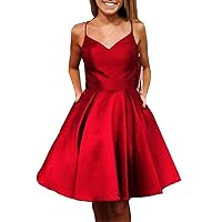 Women's Satin Suspender Skirt V-Neck Homecoming Dresses A-line Pocket Party Dress