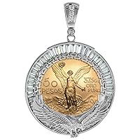 Sterling Silver Baguette CZ Eagle Motif Mexican 50 Peso Gold Centenario Coin Bezel 37mm Coin Not Included