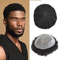Afro Curl Mens Toupee Hairpiece African American Human Hair System Replacement 10X8 All Poly Skin PU Curly Hair Unit Toupee for Black Men Wigs (#140 Jet Black+40% Gray, Afro Wavy 6MM)