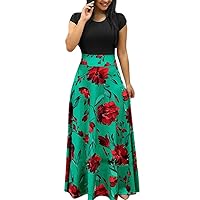 Women's Round Neck Short Sleeve Flower Print Stitching Solid Color Long Dresses Bohemia Casual Empire Waist Dress