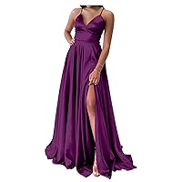 MllesReve Womens V-Neck Prom Dress with Slit 2020 Long Aline Satin Evening Gown