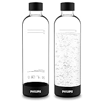 PHILIPS Carbonating Bottles, 1L Twin Pack Reusable PET Sparkling Water Bottles Compatible Sparkling Water Maker, 2 Pack, Black