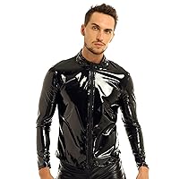 Men's Shiny Leather Wet Look Stand Collar Long Sleeve Jacket Zipper T-Shirt Jacket Coat