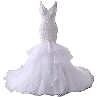 Women's Lace Beaded Wedding Dresses for Bride 2023 Ruffles Train Beach Mermaid Bridal Ball Gown Long