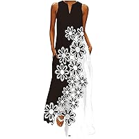 Prime of Day Deals Today 2024 October Sundresses for Women 2024 Floral Print Sleeveless Maxi Dress with Pockets Tank Summer Dress Notch Neck Beach Dresses
