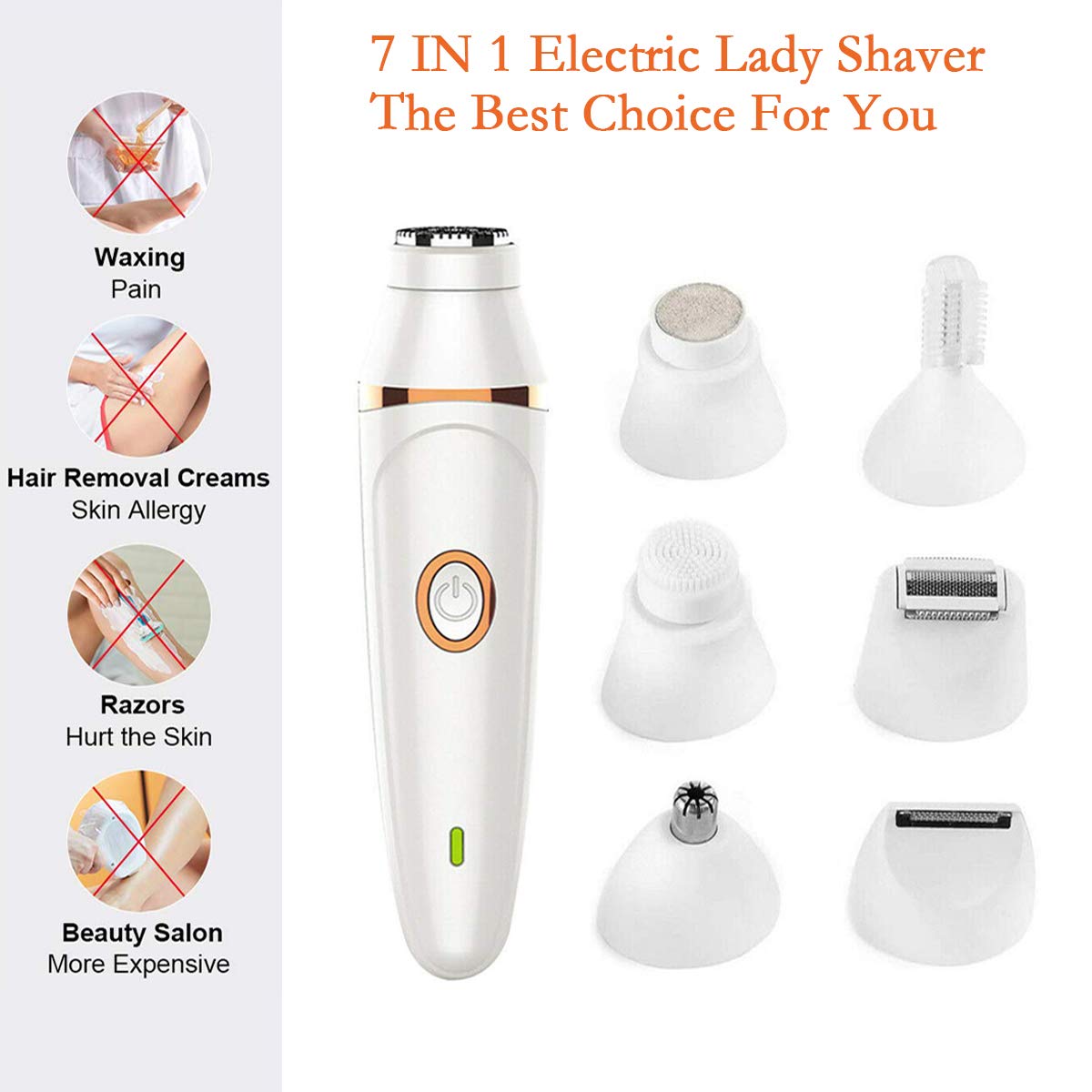 Electric Razor for Women,7 in 1 Painless Lady Shaver Set,Rechargeable Cordless Facial Hair Removal,Bikini Trimmer,for Face,Eyebrow,Nose, Underarm, Arms, Legs