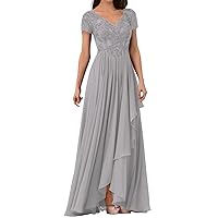 Mother of Bride Dresses for Women Formal 2024 Beach A-Line Short Sleeves Lace Casual Classy Modest Plus Size Mother of The Groom Dresses for Wedding Elegant Evening Gown Silver