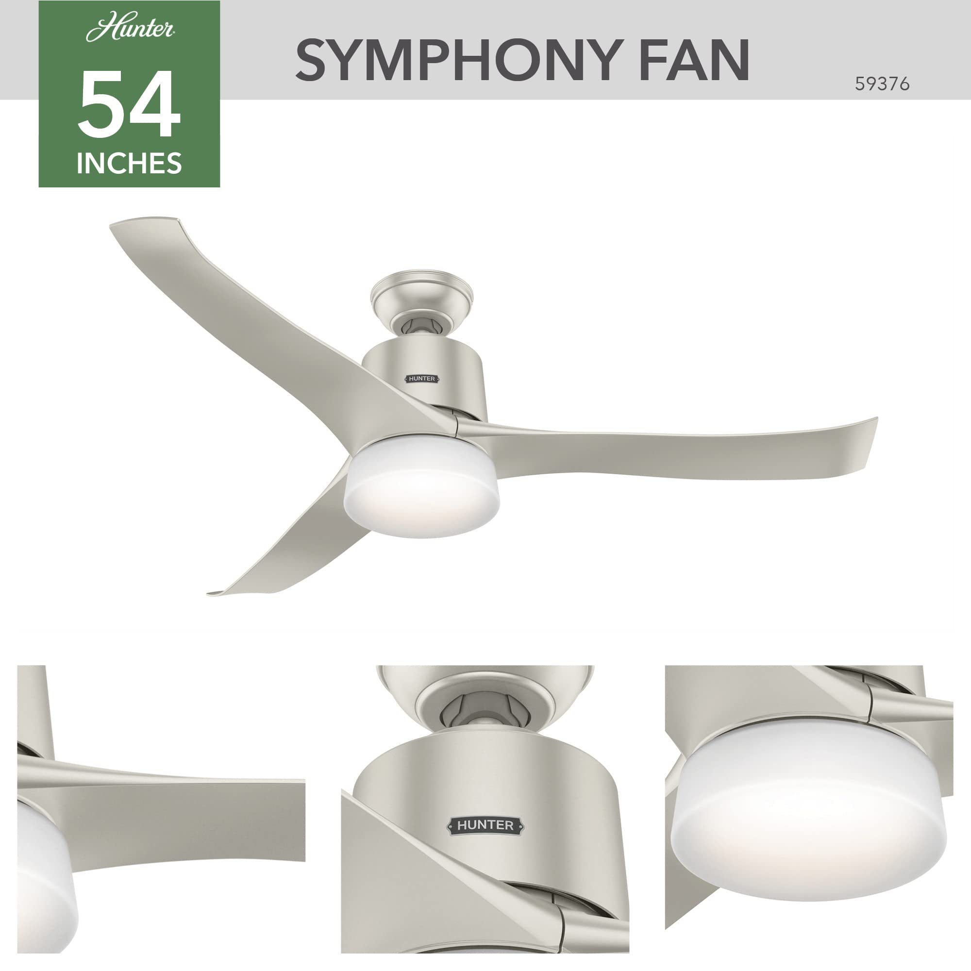 Hunter Fan Company, 59376, 54 inch Wi-Fi Symphony Matte Nickel Ceiling Fan with LED Light Kit and Handheld Remote, Smart Fan