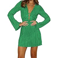 Lancifolium Pleated Long Sleeve Satin Mini Dress New in 2024 Wedding Guest Casual Cocktail Office Party Dresses