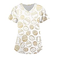 Short Sleeve Tshirt Ladies Tops Easter Printed Shirt Dressy Blouse V-Neck Pocket Fashion Protective Work Uniform Tee