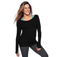 Women's Long Sleeve Stretchy Loose Crew Neck Casual Thumbhole Active Pullover Top, LARGE, BLACK
