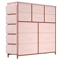 12 Drawer Dresser for for Bedroom, Fabric Dressers & Chest of Drawers Tall Dressers for Bedroom Closet, Clothes, Wooden Top, Sturdy Metal Frame (Pink)