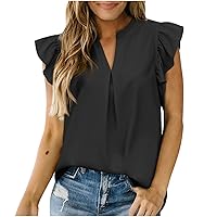 Women V Neck Sleeveless Tops Ruffle Cap Sleeve Blouses 2024 Summer Cute Tank Top Loose Casual Plain T-Shirt Vest