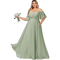 Plus Size Bridesmaid Dresses for Women Cold Shoulder Wedding Guest Dress with Pockets Chiffon Evening Gown