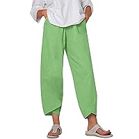 Women's Cotton Linen Capri Pants with Pockets Casual High Waist Wide Leg Trousers Summer Trendy Y2K Pants S-5XL