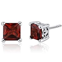 Peora Garnet Stud Earrings 925 Sterling Silver, Solitaire Scroll Gallery, Natural Gemstone Birthstone, 2 Carats Total Princess Cut 6mm, Friction Backs