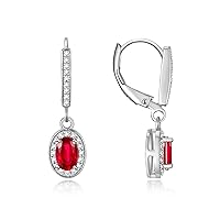 White Gold Oval Ruby & Sparkling Diamond 6x4mm July Ruby Earrings - Dangling Fashion Accessory
