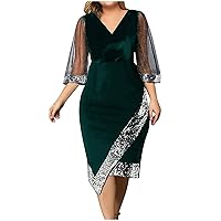 Women Sequin Mesh See Through 3/4 Sleeve Pencil Evening Dress Plus Size Wrap Glitter Velvet Patchwork Cocktail Gowns Green