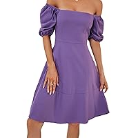 Summer Women Dresses Casual Square Collar Short Sleeves A-Line Backless High Waist Ruffle Dress Purple