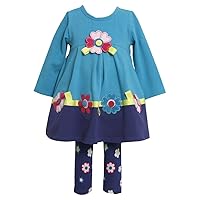 Bonnie Jean Girls Flower Color-Blocked Fall Holiday Dress Legging Outfit, Teal, 2T - 4T