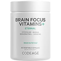 Codeage Brain Focus Vitamins+ Supplement - Cognitive Function & Mental Clarity Support - Cognizin Citicoline, Vitamin B12, Ginseng, Resveratrol, Gotu Kola, Mood & Memory, Non-GMO - 60 Capsules
