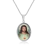 Bling Jewelry Unisex Personalize Oval Religious Medal Medallion Sacred Heart Of Jesus Photo Pendant Necklace For Men Teen Silver Tone Stainless Steel Customizable