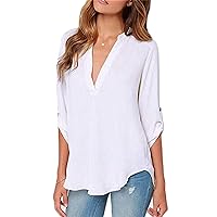 Andongnywell Women V Neck Cuffed Sleeve Chiffon Blouse Side Split Pleated Casual Loose Tunic Tops Blouses