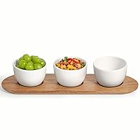 Salad Bowls 62 oz, 8 Inch Serving Bowls, Large Ramen Bowl For Noodle, Pho & 12oz Chip and Dip Serving Set with Acacia Wooden Tray, White Glazed Ceramic Dipping Bowls, Serving Dishes