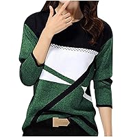 Women's Tops Long Sleeve Color Block T Shirt Casual Round Neck Patchwork T-Shirt Loose Fit Blouse Tunic Tee Pullover