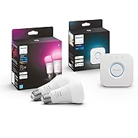 2-Pack White and Color A19 Medium Lumen Smart Bulb & Smart Hub (Compatible with Alexa Apple HomeKit and Google Assistant), White Ambiance, Hue Hub